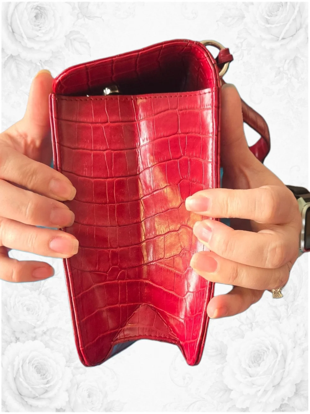 Red Croc-Embossed Structured Top-Handle Bag